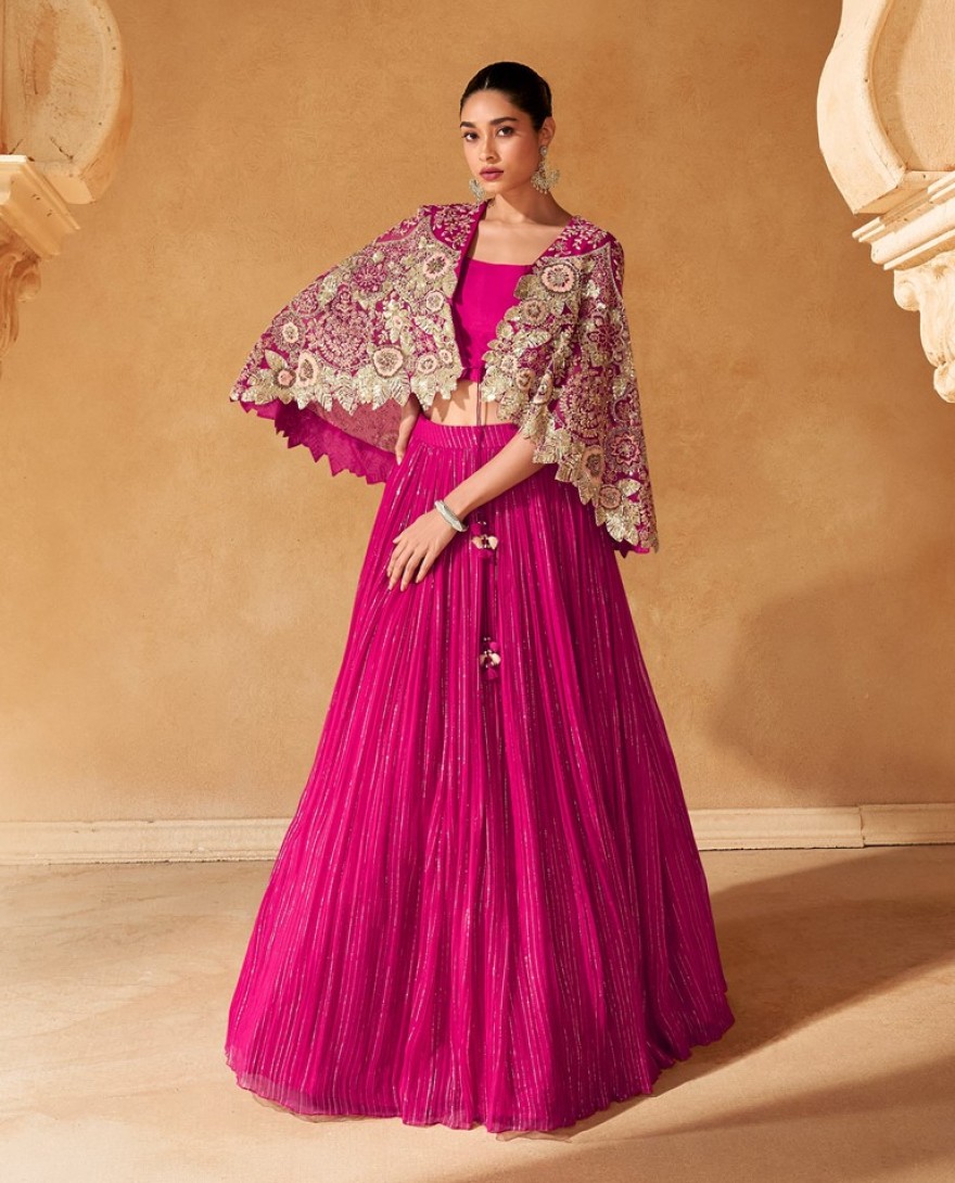 5604 - PINK CROP TOP VISCOS JACQUARD SKIRT FRONT AND BACK EMBROIDERED WITH CANCAN 